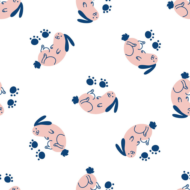 Seamless cute cartoon pet rabbit doodle pattern. Whimsical minimal 2 tone gender neutral color. Kids nursery wallpaper or whimsical character fashion all over print. - Vector, Image