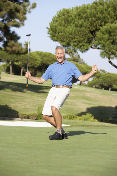 Senior Male Golfer On Golf Course Putting On Green - Фото, изображение