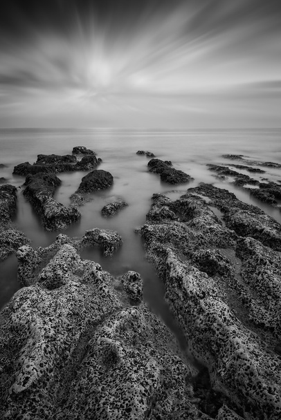 fekete-fehér táj tenger sziklás parton kinézett egy - Fotó, kép