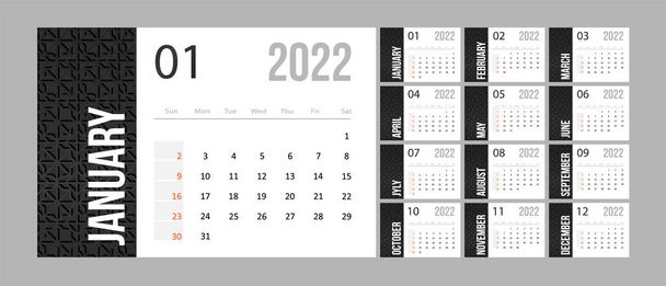 Modelo de calendário 2022. Planejador de negócios monocromático em estilo minimalista. A semana começa a partir de domingo. Ilustração vetorial plana - Vetor, Imagem