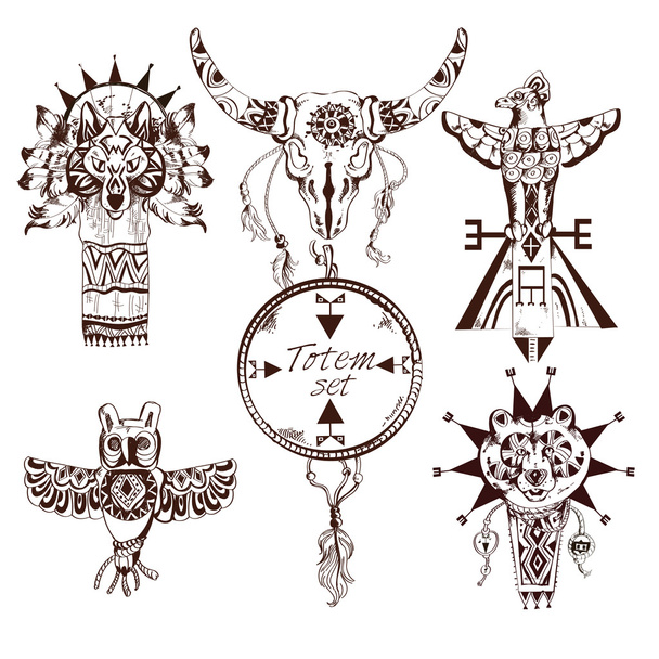 Ethnic american totems set - Vector, Image