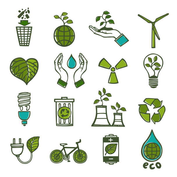 Ecology and waste icons set color - Vektör, Görsel