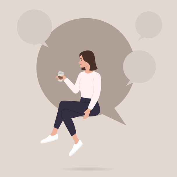 Mujer bebiendo café se sienta en la gran burbuja del discurso - Vector, Imagen