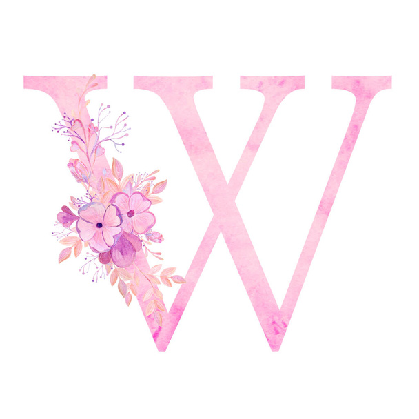 Pink letters with flowers. Romantic, delicate watercolor font. - Foto, imagen