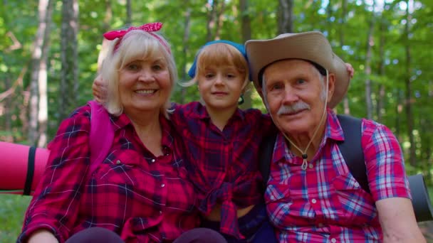Grand-mère aînée active touristes grand-père assis, randonnée avec petite-fille en bois d'été - Séquence, vidéo