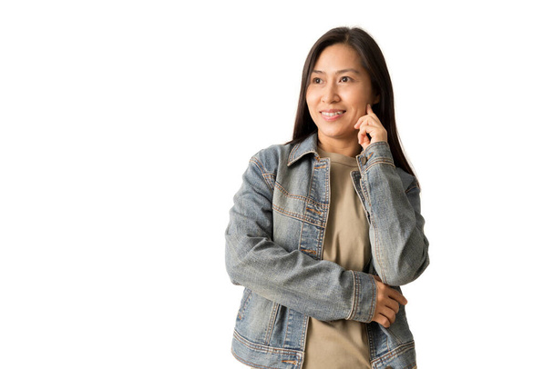 Happy Asian woman looking something at blank space, isolate on white background. - Foto, afbeelding