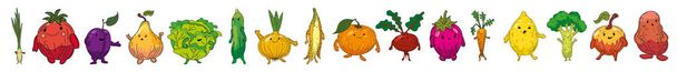 Warzywa ustawić ręcznie rysowane postacie scetch kreskówki. Kolekcja pomarańcza, korzeń buraka, truskawka, marchewka, cytryna, brokuły, jabłko, ziemniak, pomidor, pora, cebula, śliwka, gruszka, kapusta, miecznik, cebula, banan - Wektor, obraz