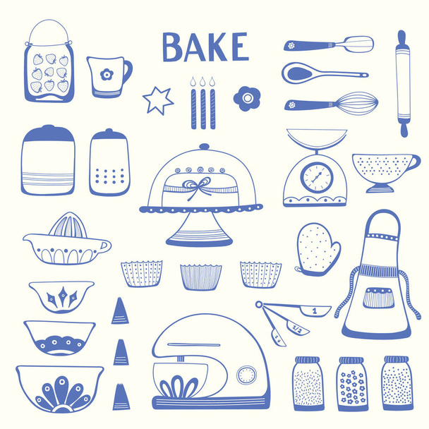 Cottura cucina icona illustrazione set. Il blu vettoriale delinea gli elementi delle risorse di progettazione. - Vettoriali, immagini