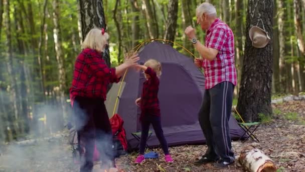 Senior elderly grandmother grandfather with granddaughter dancing celebrating over campfire in wood. - Footage, Video