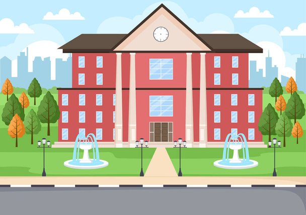 Back To School, Modern Building and View Front Yard With Green Grass And Trees. Background Landing Page Illustration - Vector, Image