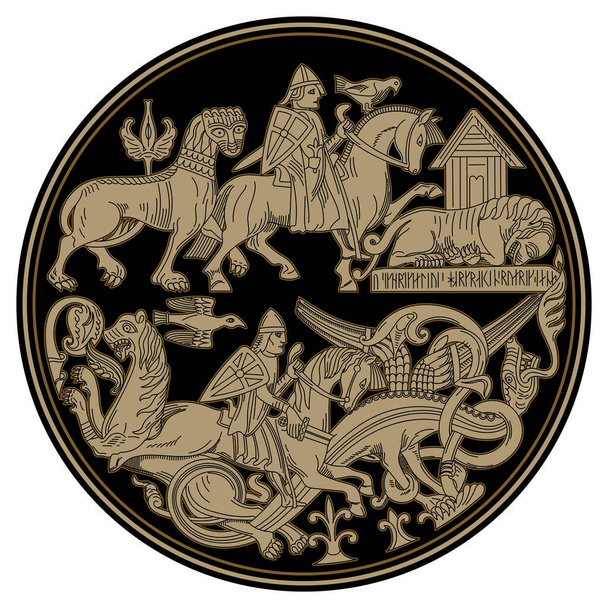 Diseño vikingo escandinavo. Los jinetes vikingos luchan contra animales míticos - leones y dragones - Vector, imagen