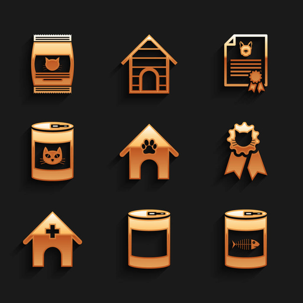Set Dog house and paw print pet, Canned food, for cat, Cat award symbol, Veterinary medicine hospital and icon. Vector - Διάνυσμα, εικόνα