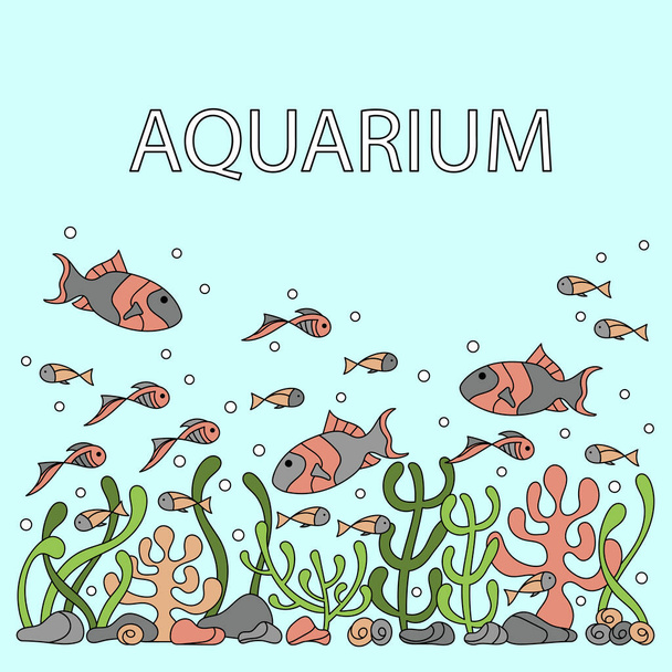 Handgezeichnetes Unterwasser-Poster. Korallenriff, Algenfische. Vektorstruktur des Unterwasserbodens. - Vektor, Bild