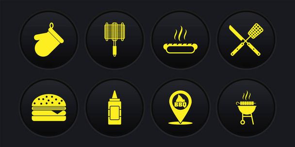 Set Burger, Crossed knife and spatula, Mustard bottle, Location with barbecue, Hotdog sandwich, Barbecue steel grid, grilled shish kebab and Oven glove icon. Vector - Вектор,изображение