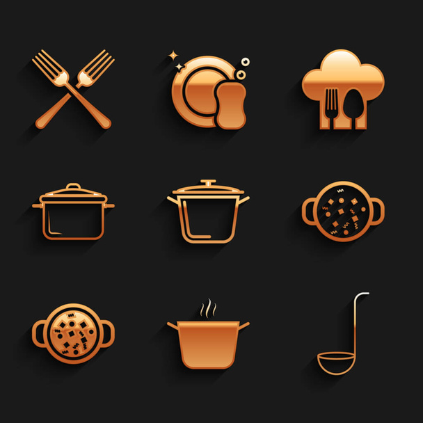 Set Cooking pot, Kitchen ladle, soup, Chef hat with fork and spoon and Crossed icon. Vector - Vector, Imagen