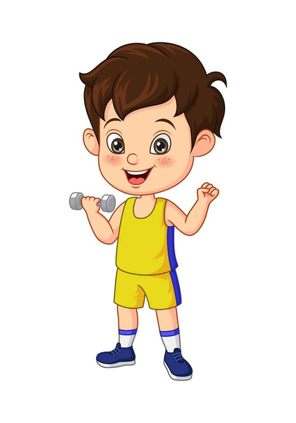 Vector illustration of Cartoon little boy exercising with dumbbells - Vector, Image