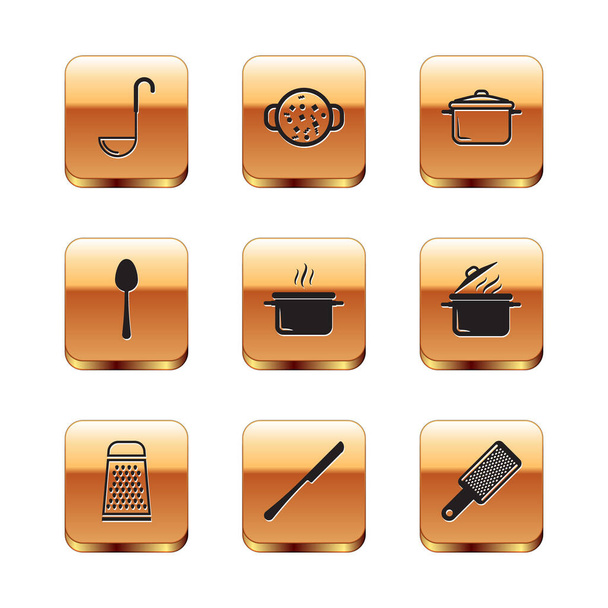 Set Kitchen ladle, Grater, Knife, Cooking pot, Spoon, and soup icon. Vector - ベクター画像