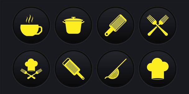 Set Chef hat and fork, Crossed, Grater, Kitchen colander, Cooking pot, and Coffee cup icon. Vector - Vecteur, image