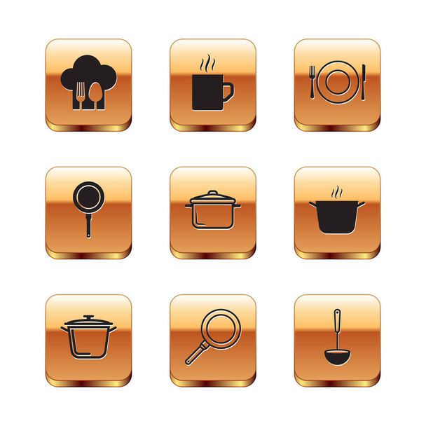 Set Chef hat with fork and spoon, Cooking pot, Frying pan, Plate, knife, Kitchen ladle and Coffee cup icon. Vector - ベクター画像