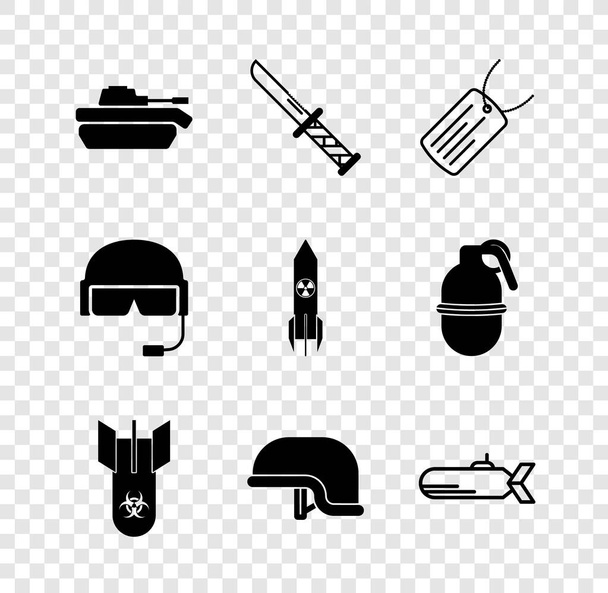 Set Military tank, knife, dog tag, Biohazard bomb, helmet, Submarine, and Nuclear rocket icon. Vector - Vector, imagen