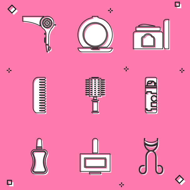 Set Hair dryer, Makeup powder with mirror, Cream cosmetic tube, Hairbrush, Shaving gel foam, Nail polish bottle and icon. Vector - Вектор,изображение