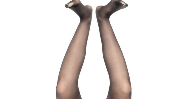 female legs in black tights on white background - 写真・画像