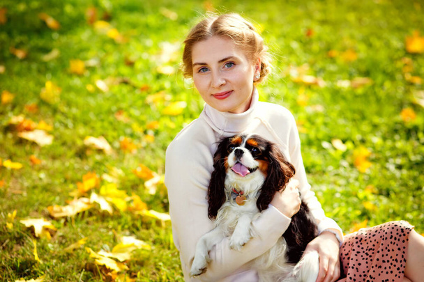 Młoda blondynka w białym swetrze siedzi na trawie jesiennego, słonecznego parku i przytula swojego kawalerskiego psa króla Karola Spaniela. Kobieta i jej zwierzak w naturze. - Zdjęcie, obraz