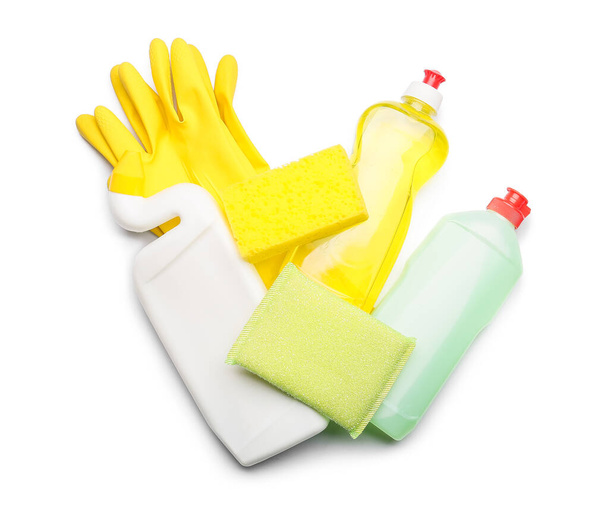 Set of cleaning supplies on white background - Фото, изображение
