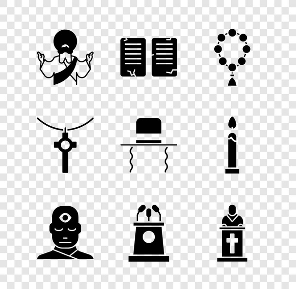 Set Jesus Christ, The commandments, Rosary beads religion, Man with third eye, Stage stand or tribune, Church pastor preaching, Christian cross chain and Orthodox jewish hat sidelocks icon. Vector - Vecteur, image