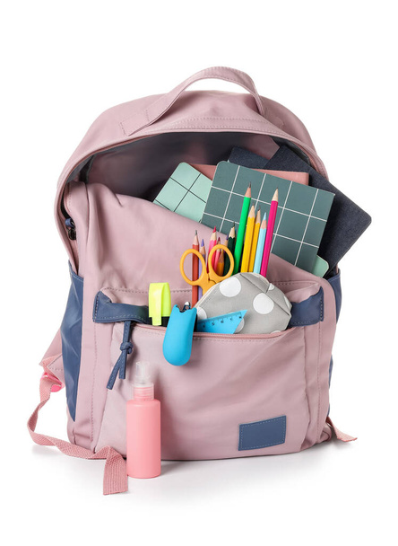 School backpack and stationery on white background - Photo, Image