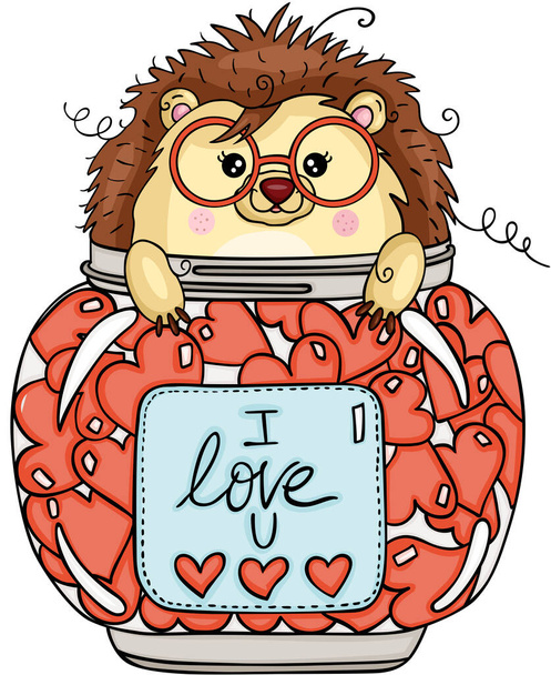 Funny hedgehog peeking out of glass jar full of hearts - Vector, Image