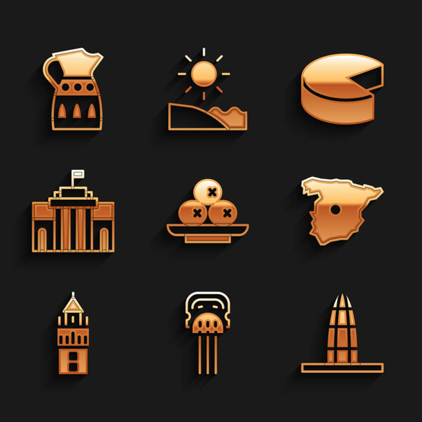 Set Olives on plate, Peineta, Agbar tower, Map of Spain, Giralda, Prado museum, Cheese and Sangria pitcher icon. Vector - Vettoriali, immagini