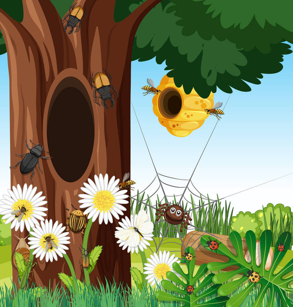 Δάσος σκηνή με κυψέλη μελισσών και άλλα έντομα εικονογράφηση - Διάνυσμα, εικόνα