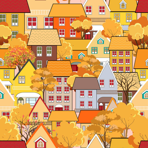 Płynny wzór Jesienny pejzaż miejski w mieście z bajkowymi domami, drzewami w pomarańczowo-żółtych liściach, Słodki kreskówkowy dom jesienią w płaskim designie. Powtórz wzór jesiennego tła - Wektor, obraz