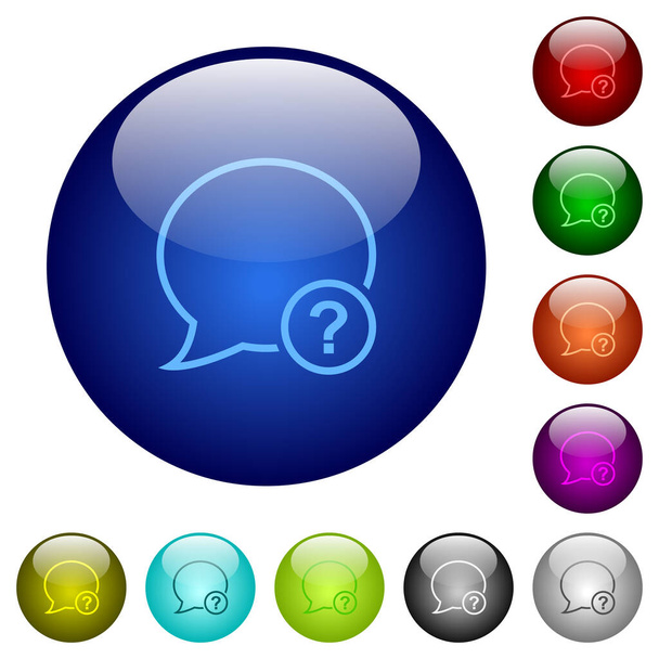 Iconos de contorno de preguntas de mensaje en botones de vidrio redondos en múltiples colores. Estructura de capas dispuestas - Vector, Imagen