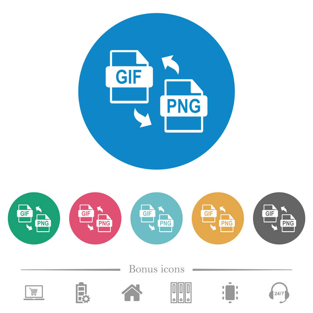 GIF PNG fájl átalakítás lapos fehér ikonok kerek színű hátterű. 6 bónusz ikonok tartalmazza. - Vektor, kép