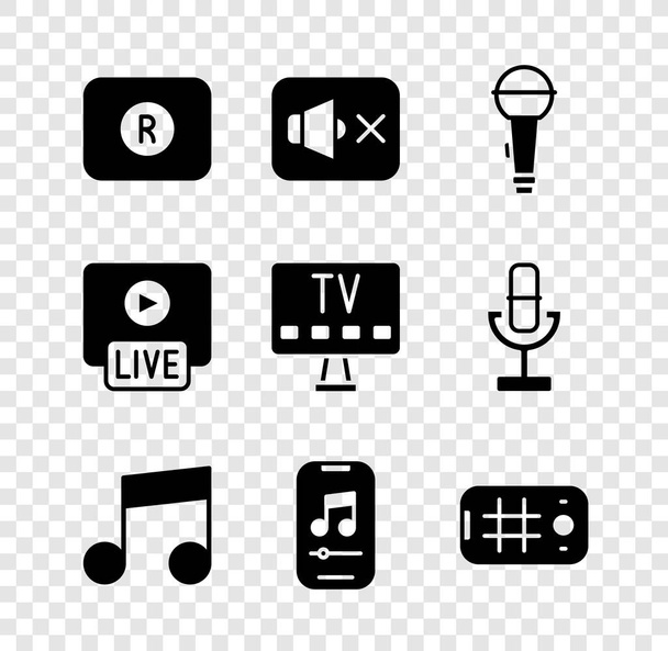 Beállítás Record gomb, Hangszóró néma, Mikrofon, Zene jegyzet, hang, játékos, Selfie mobil, Élő stream és Smart TV ikon. Vektor - Vektor, kép