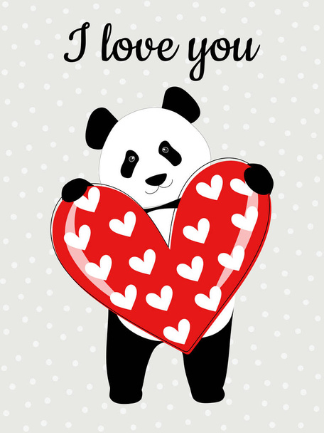 Милая китайская панда и красное сердце на сером фоне с горошек. Зимняя открытка на День Святого Валентина. Печатные иллюстрации на чашках, текстильных изделиях, одежде, планёрах. Векторная графика. - Вектор,изображение