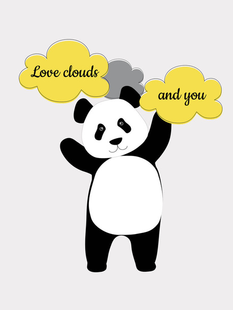 Aranyos kínai panda és sárga-szürke felhők Valentin napra. Medve ruhákra, poharakra, párnákra, jegyzetfüzetekre nyomtatva. Vektorgrafika. - Vektor, kép