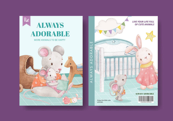 Modèle de livre de couverture avec adorable concept d'animaux, aquarelle styl - Vecteur, image