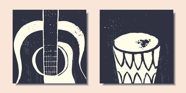 Une série d'affiches. Instruments de musique. Guitare et batterie. L'abstraction. Illustration vectorielle. - Vecteur, image