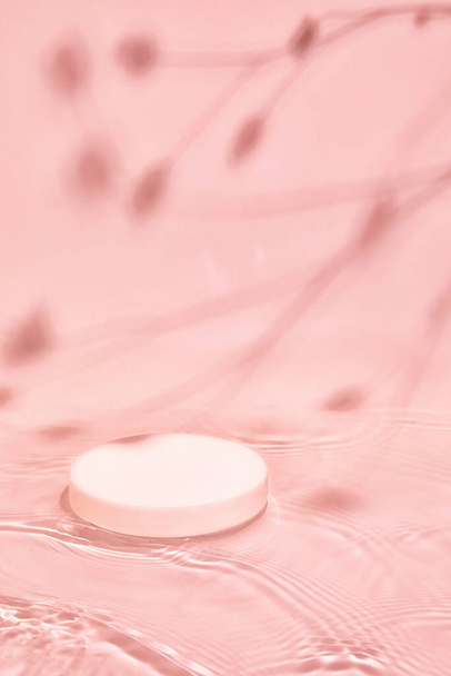 podio cilindro bianco su acqua calma rosa con ombre di piante morbide - Foto, immagini