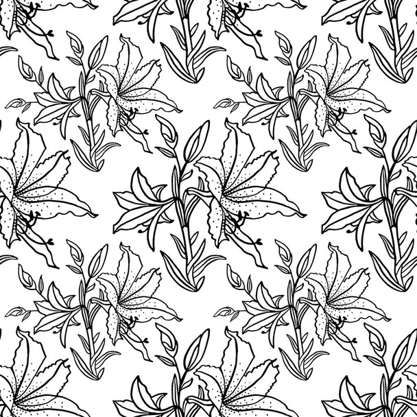 Bezešvé vzor černé linie umění kytice lilie izolované na bílém pozadí. Ručně kreslené botanické ilustrace pro omalovánky, kartičky, oslavy, svatby, narozeniny, tapety, obaly, textil, dárky - Fotografie, Obrázek