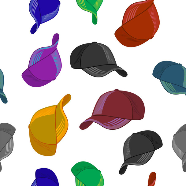 Conjunto de gorras de béisbol de colores aisladas sobre fondo blanco. Textura sin costura deportiva - Foto, Imagen
