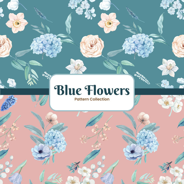 Muster nahtlos mit blauer Blume friedliches Konzept, Aquarell-Styling - Vektor, Bild