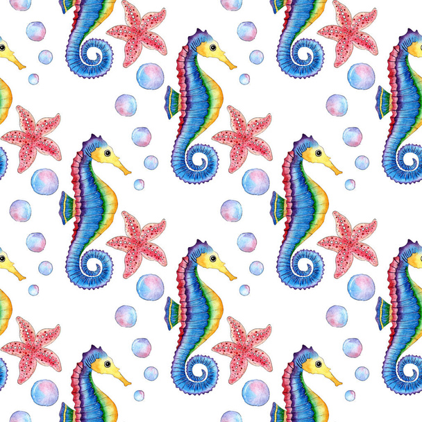 Watercolor illustration pattern of blue seahorse starfish and bubbles. Seamless repeating print of marine life. Ocean dwellers. Isolated over white background. Drawn by hand. - Photo, Image