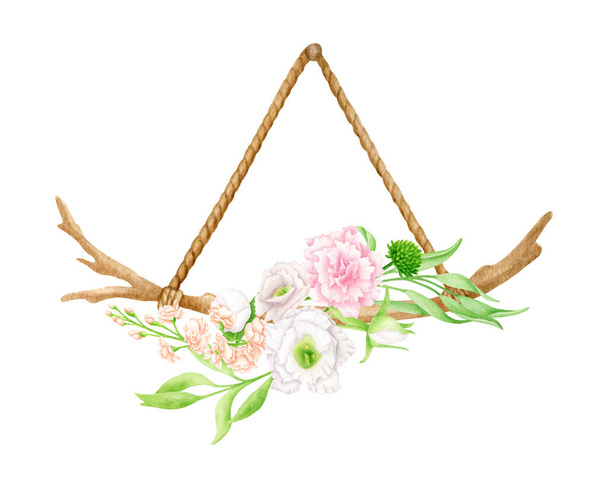 Watercolor hanging floral decoration. Hand drawn wood branch on rope with flowers and leaves. Wedding wall decor illustration isolated on white. Wooden stick, rustic natural design, eco decor. - Photo, Image