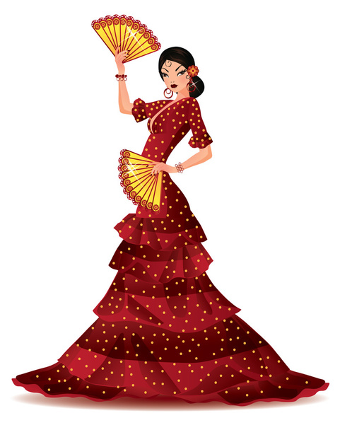 Spanish girl with two fans dances a flamenco, vector illustration - Διάνυσμα, εικόνα