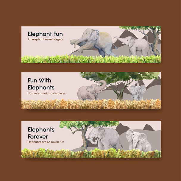 Πρότυπο banner με ελέφαντα funning έννοια, υδατογραφία στυλ - Διάνυσμα, εικόνα