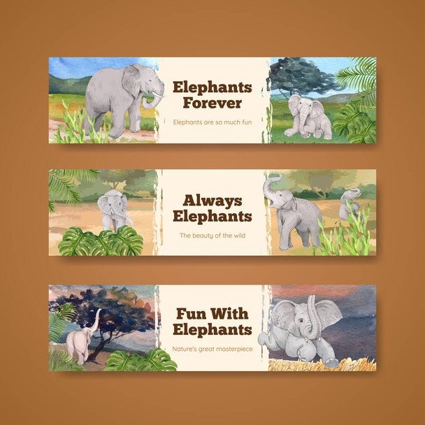 Banner-Vorlage mit Elefantenspiel-Konzept, Aquarell-Stil - Vektor, Bild